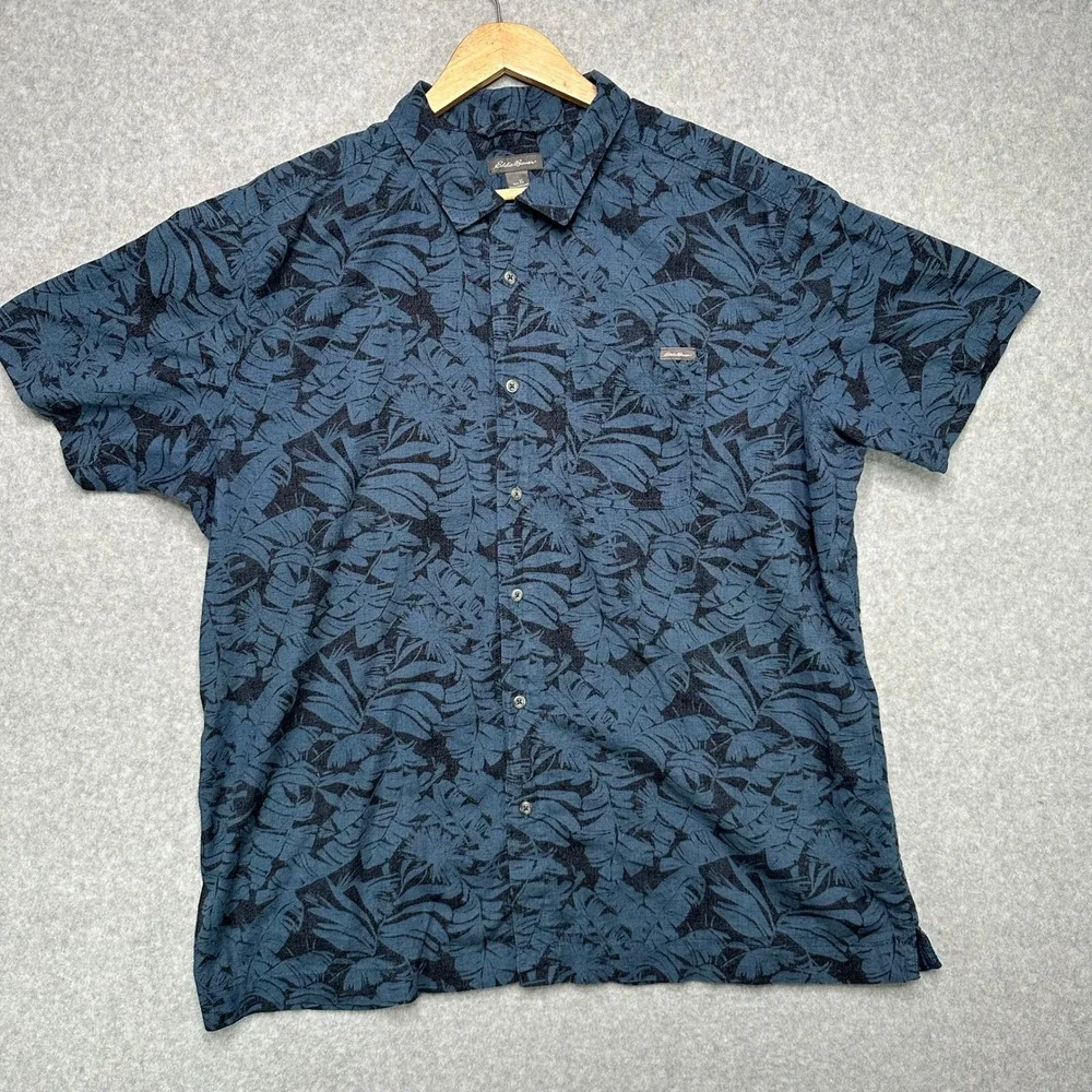 Eddie Bauer‎ Mens Tropical Print Short Sleeve Button Up Camp Shirt XL Blue Black